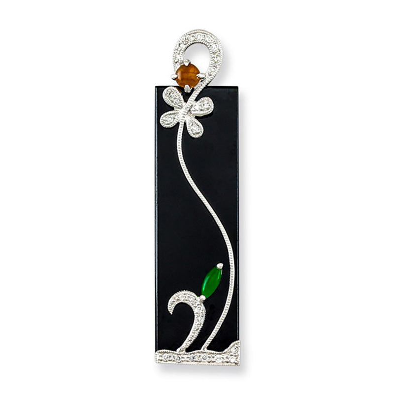 18K White Gold Black Jadeite Jade Pendant with Floral Design | UPC #393585