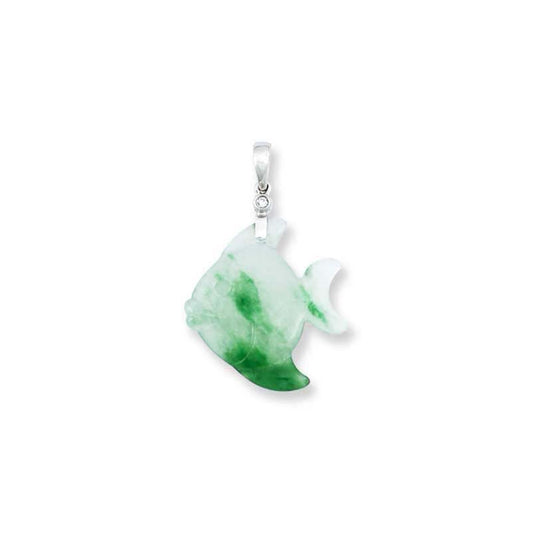 Small Ice and Green Jadeite Jade Pendant Fish Carving with Diamond Accent | UPC #388406