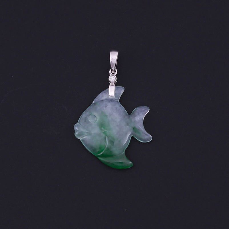 18K WHITE GOLD GREEN  & ICE JADEITE JADE & DIAMOND FISH PENDANT UPC #388406