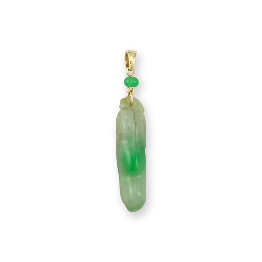 14K YELLOW GOLD GREEN JADEITE JADE CARVED PEA POD PENDANT UPC #341425