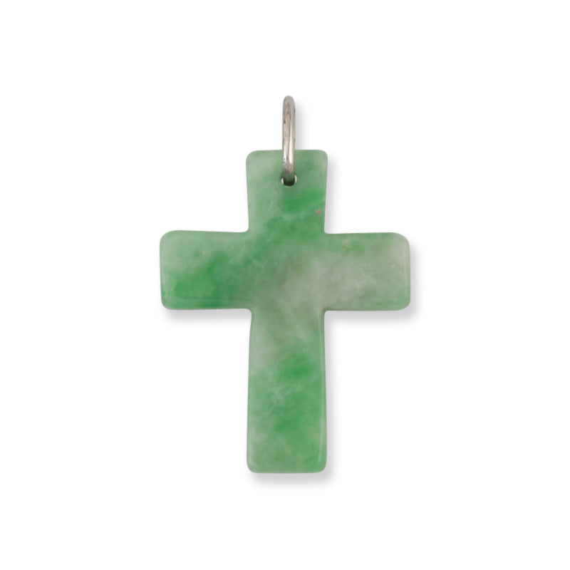 14K WHITE GOLD GREEN JADEITE JADE CROSS PENDANT UPC #353756