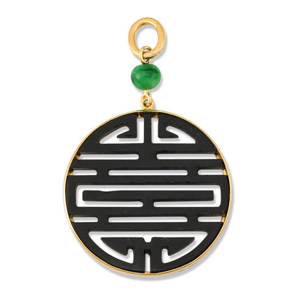 18K YELLOW GOLD BLACK NEPHRITE JADE SHOU SYMBOL PENDANT UPC #371729