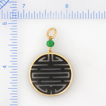 18K YELLOW GOLD BLACK NEPHRITE JADE SHOU SYMBOL PENDANT UPC #371729