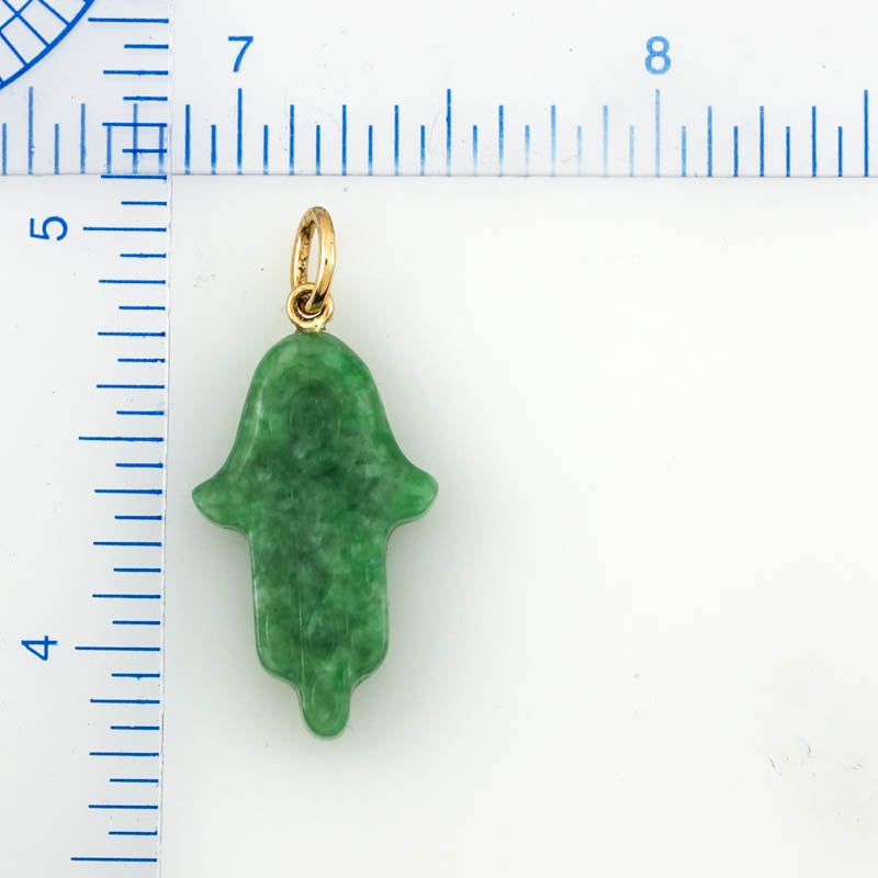 14K YELLOW GOLD GREEN JADEITE JADE HAMSA PENDANT UPC #372252