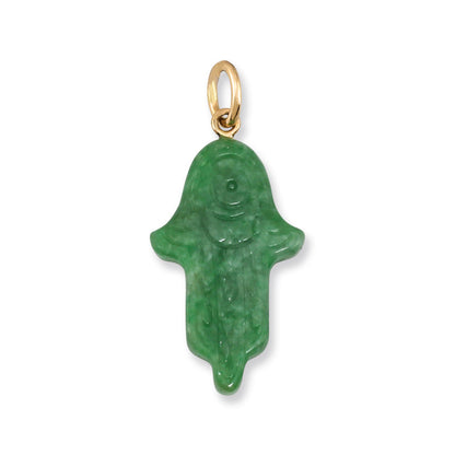 14K YELLOW GOLD GREEN JADEITE JADE HAMSA PENDANT UPC #372252