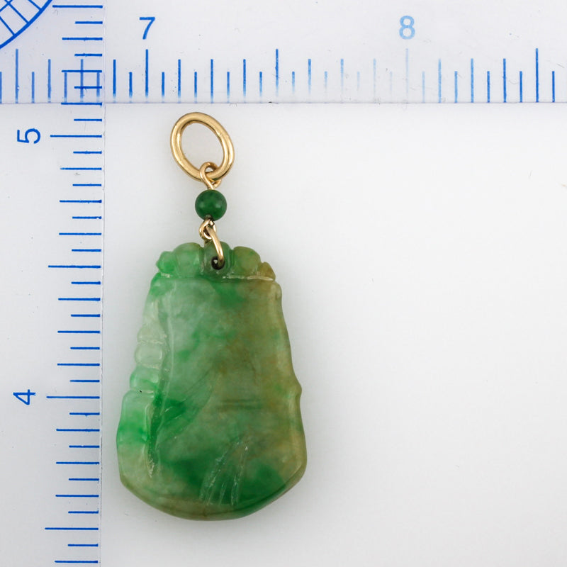 14K YELLOW GOLD GREEN JADEITE JADE CARVED BAMBOO PENDANT UPC #393134