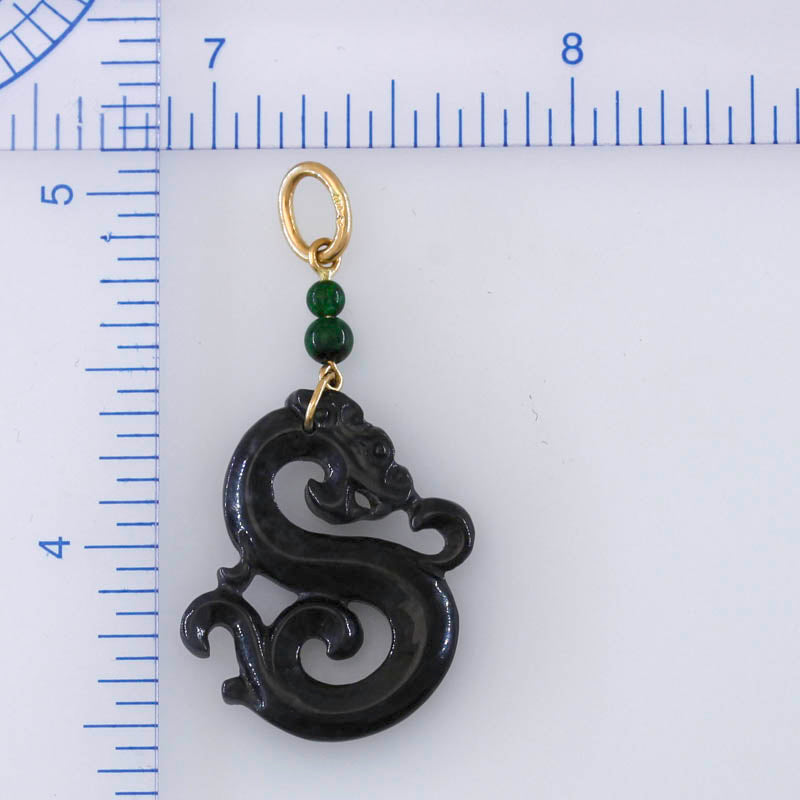 14K YELLOW GOLD GREY JADEITE JADE CARVED DRAGON PENDANT UPC #396111