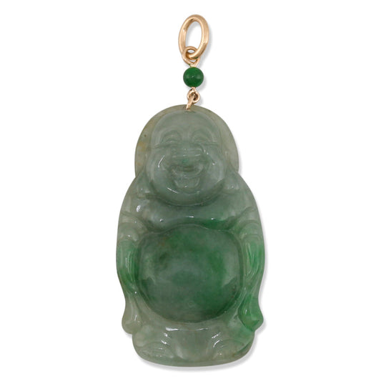 14K YELLOW GOLD GREEN JADEITE JADE STANDING BUDDHA PENDANT UPC #387553