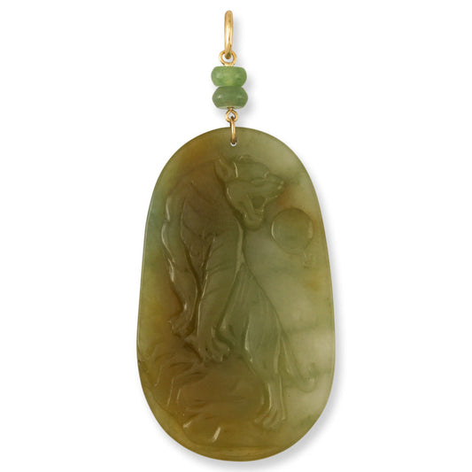 14K YELLOW GOLD YELLOW JADEITE JADE CARVED TIGER PENDANT UPC #390584