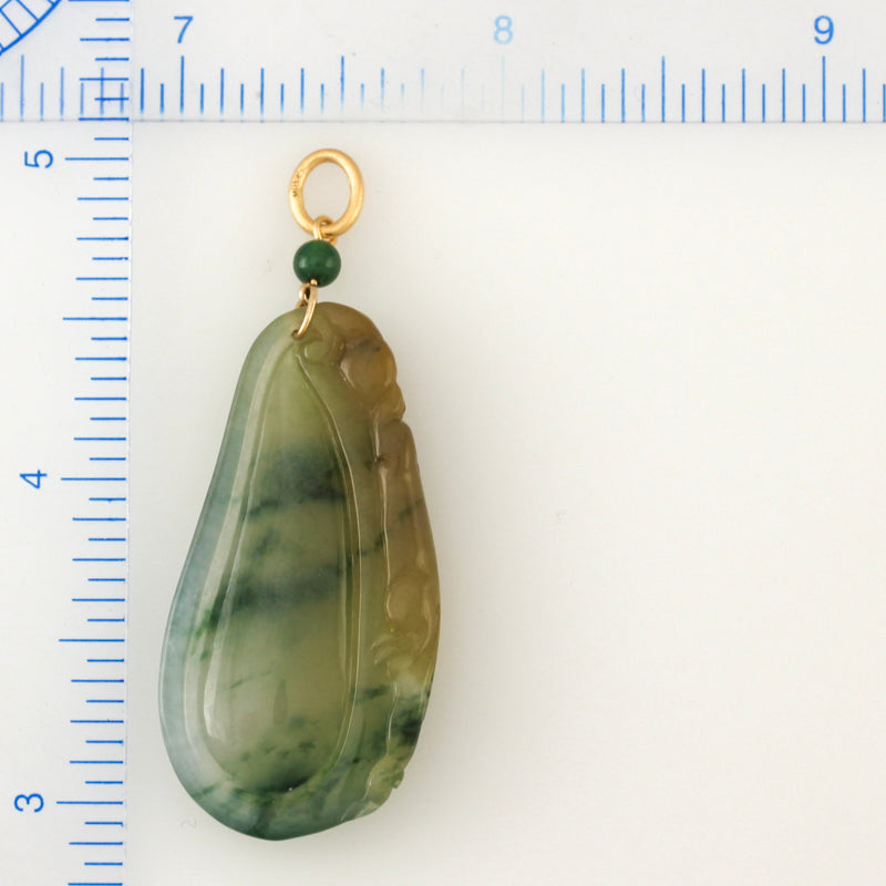 18K YELLOW GOLD GREEN & YELLOW JADEITE JADE CARVED GOURD PENDANT UPC #390614