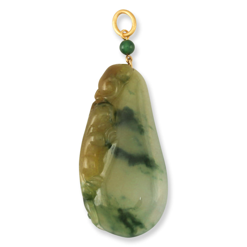 18K YELLOW GOLD GREEN & YELLOW JADEITE JADE CARVED GOURD PENDANT UPC #390614