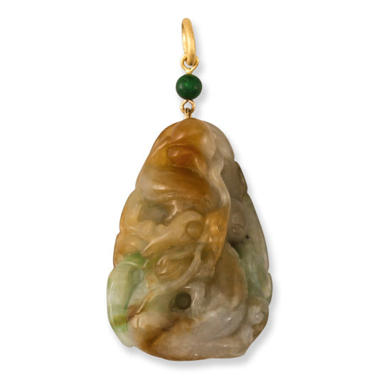 Yellow Jadeite Jade Dragon Carving | 18K Yellow Gold Jade Pendant | UPC #390638