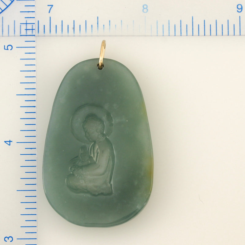 14K YELLOW GOLD BLUE GREEN JADEITE JADE CARVED PENDANT UPC #390782