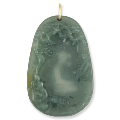 14K YELLOW GOLD BLUE GREEN JADEITE JADE CARVED PENDANT UPC #390782