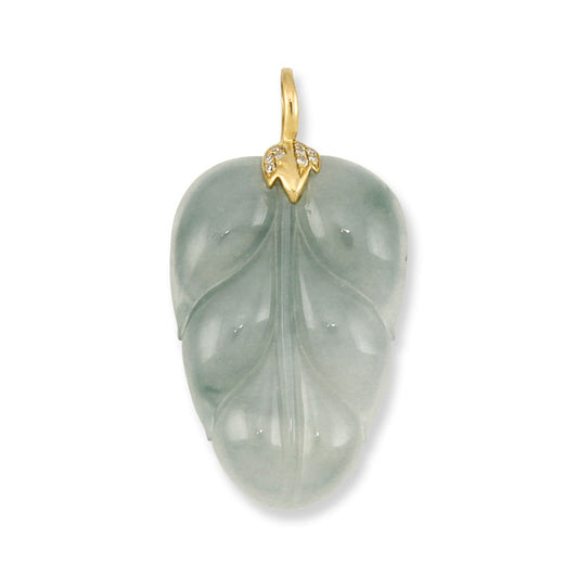 ESTATE 18K YELLOW GOLD BLUE GREEN JADEITE JADE CARVED LEAF PENDANT UPC #376809