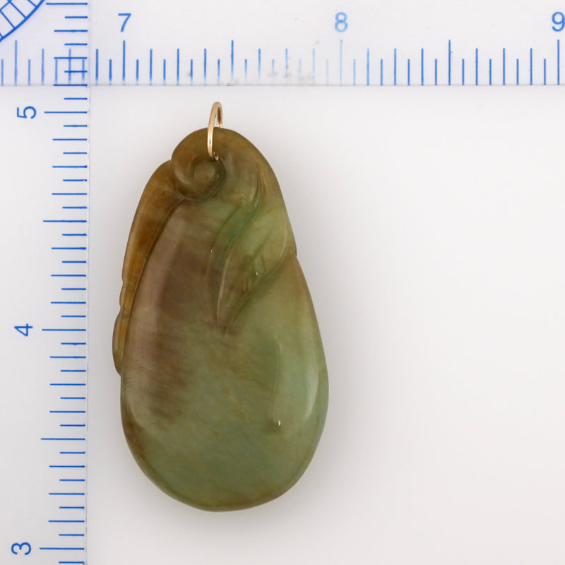 14K YELLOW GOLD GREEN JADEITE JADE CARVED GOURD & BAT PENDANT UPC #382329