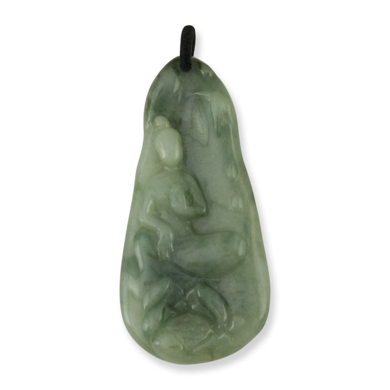 GREEN JADEITE JADE CARVED LADY IN GARDEN PENDANT UPC #390195