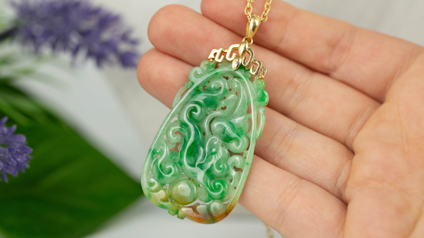 Estate Jade Jewelry | 14K Yellow Gold Green and Red Jadeite Jade Carving Pendant | UPC #392434