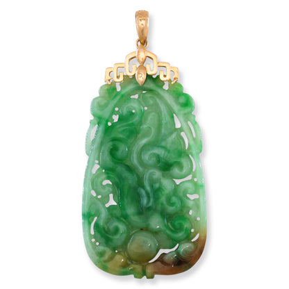 Estate Jade Jewelry | 14K Yellow Gold Green and Red Jadeite Jade Carving Pendant | UPC #392434