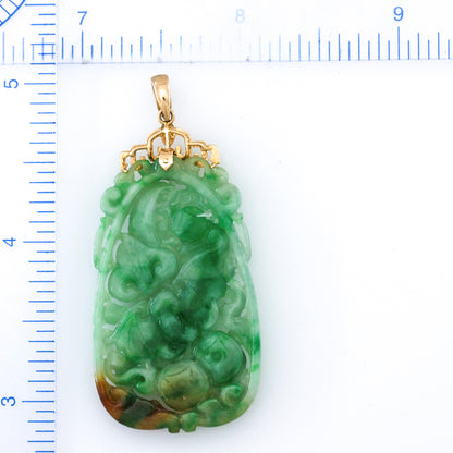 Estate Jade Jewelry | 14K Yellow Gold Green and Red Jadeite Jade Carving Pendant | UPC #392434