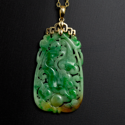 Estate Jade Jewelry | 14K Yellow Gold Green and Red Jadeite Jade Carving Pendant | UPC #392434