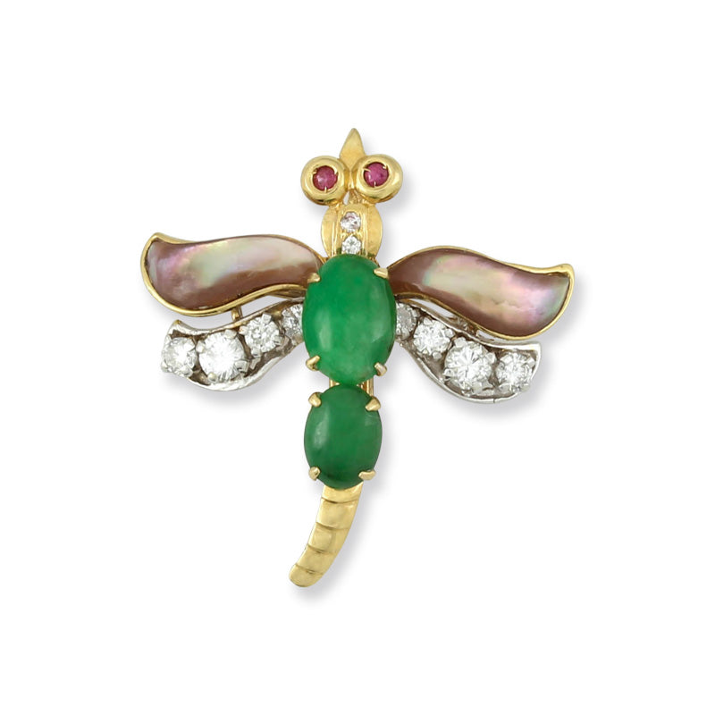 Estate Jade Jewelry | 18K Yellow Gold Jade Ruby and Abalone Pin | UPC #359710