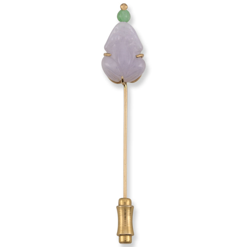 14K YELLOW GOLD LAVENDER JADEITE JADE CARVED FROG STICK PIN UPC #384576