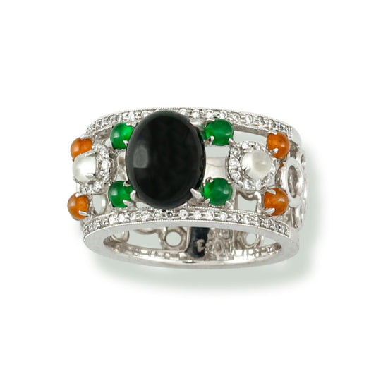 18K WHITE GOLD BLACK JADEITE WITH MULTI-COLOR JADEITE JADE RING UPC #309005