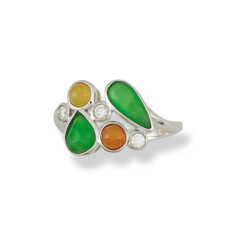 18K WHITE GOLD GREEN, RED & YELLOW JADEITE JADE & DIAMOND RING UPC #330221