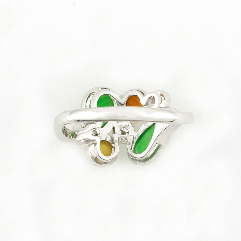 18K WHITE GOLD GREEN, RED & YELLOW JADEITE JADE & DIAMOND RING UPC #330221