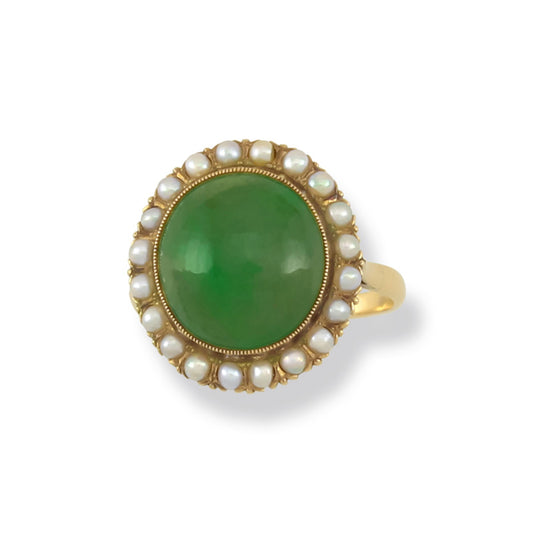 ESTATE YELLOW GOLD GREEN JADEITE JADE & PEARL RING UPC #333871