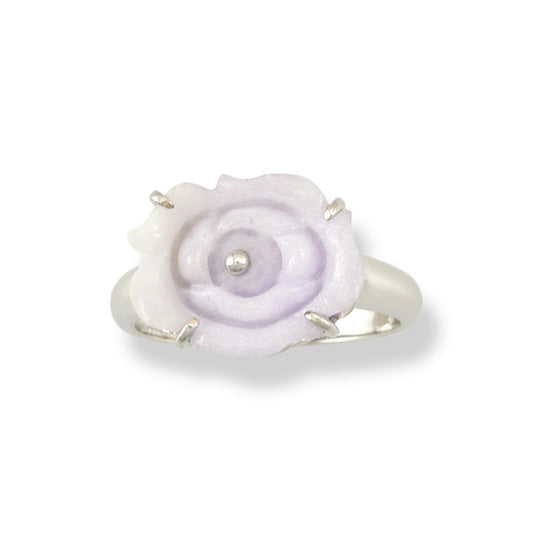 14K WHITE GOLD & CARVED LAVENDER JADEITE JADE FLOWER RING UPC #334861