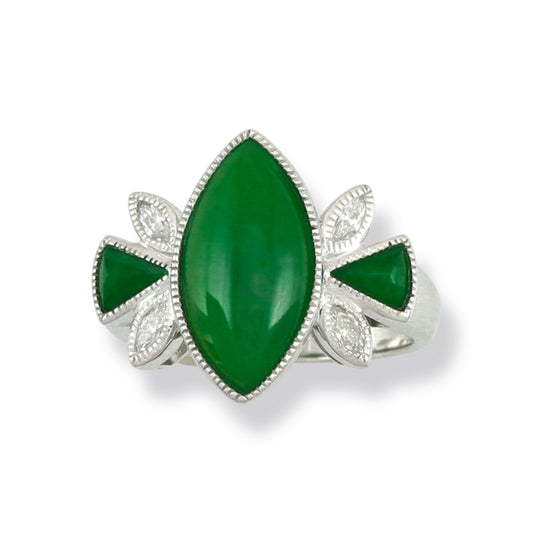 18K WHITE GOLD GREEN JADEITE AND DIAMOND MARQUISE JADE RING UPC #339071