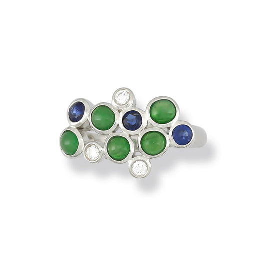 18K WHITE GOLD GREEN JADEITE, DIAMOND & SAPPHIRE 'BUBBLE' JADE RING UPC #354623