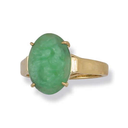 14K Yellow Gold Green Jadeite Jade Carved Dragon Ring | UPC #373686