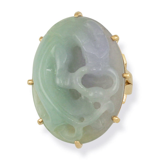 14K YELLOW GOLD GREEN & LAVENDER JADEITE JADE CARVED DRAGON RING UPC #373815