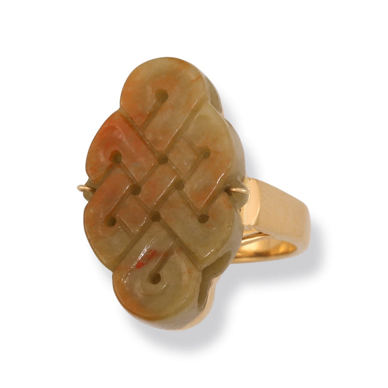 14K YELLOW GOLD RED JADEITE JADE CARVED RING UPC #375413