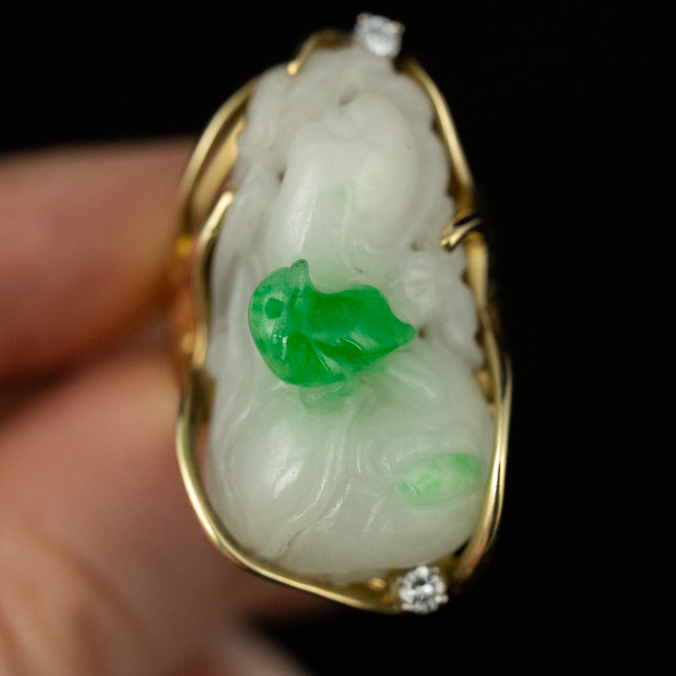 14K YELLOW GOLD CARVED MOSS IN SNOW JADEITE JADE ESTATE RING UPC #376892