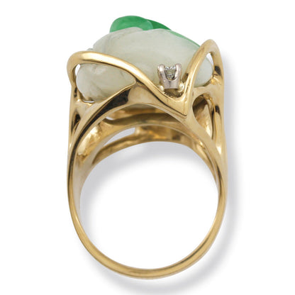 14K YELLOW GOLD CARVED MOSS IN SNOW JADEITE JADE ESTATE RING UPC #376892