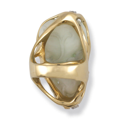 14K YELLOW GOLD CARVED MOSS IN SNOW JADEITE JADE ESTATE RING UPC #376892