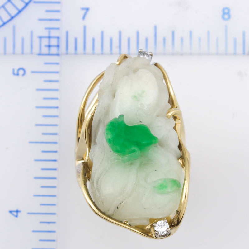 14K YELLOW GOLD CARVED MOSS IN SNOW JADEITE JADE ESTATE RING UPC #376892