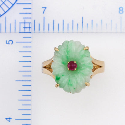 14K YELLOW GOLD GREEN JADEITE JADE CARVED FLOWER RING UPC #382473