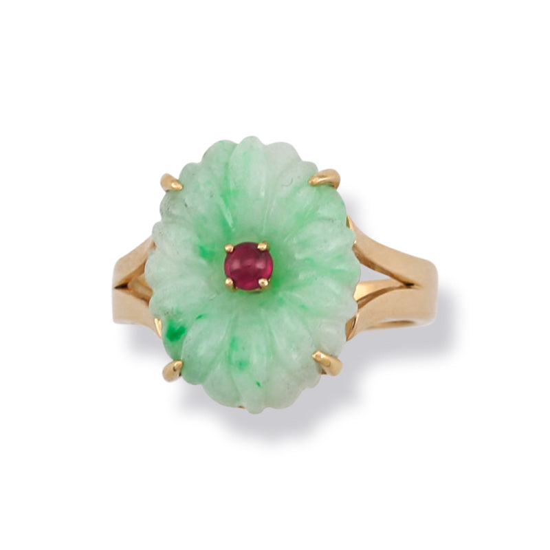 14K YELLOW GOLD GREEN JADEITE JADE CARVED FLOWER RING UPC #382473