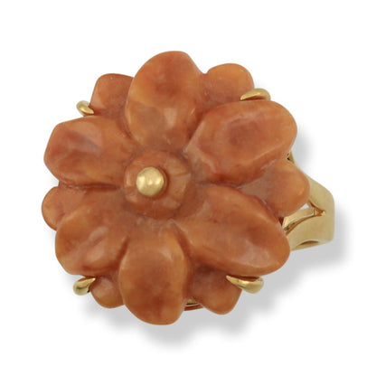 14K YELLOW GOLD RED JADEITE JADE FLOWER RING UPC #383630