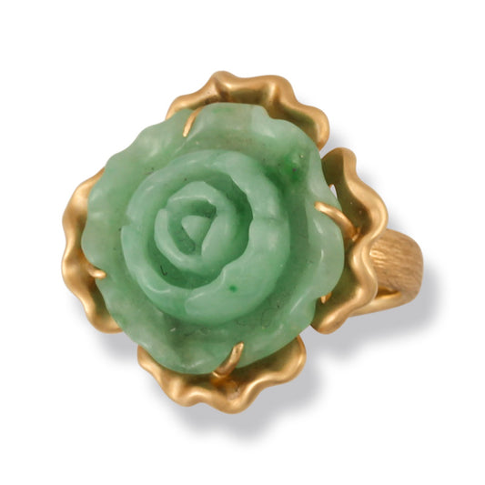 14K YELLOW GOLD GREEN JADEITE JADE CARVED FLOWER RING UPC #389953