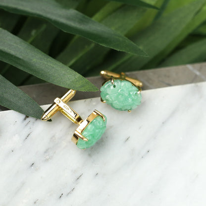 14K YELLOW GOLD CARVED GREEN JADEITE JADE CUFFLINKS UPC #324497