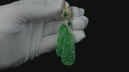 18K YELLOW GOLD GREEN JADEITE JADE CARVED DROP EARRING UPC #390652