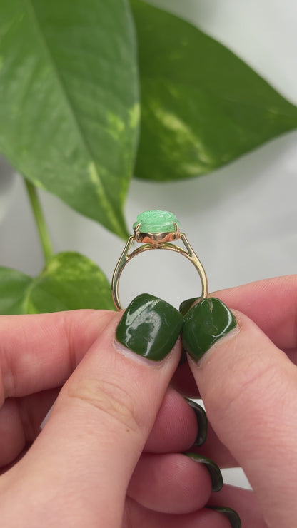 14K YELLOW GOLD GREEN JADEITE JADE CARVED DRAGON RING UPC #373686