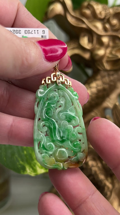 Estate Jade Jewelry | 14K Yellow Gold Green and Red Jadeite Jade Carving Pendant | UPC #392434