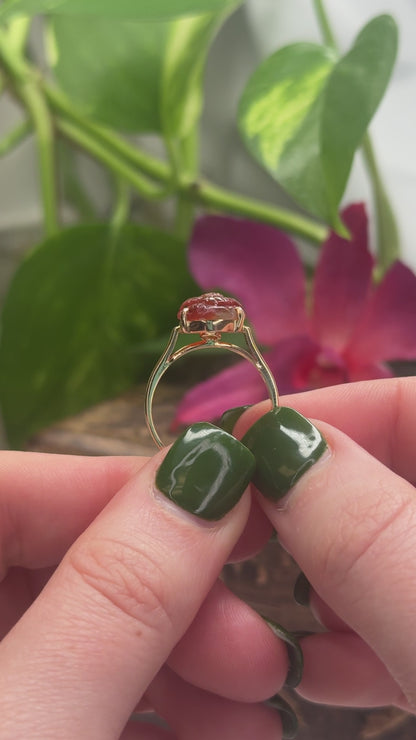 14K YELLOW GOLD CARVED RED JADEITE JADE FLORAL RING UPC #365773